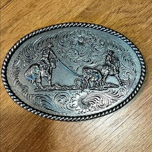 Western Silver Belt Buckle with Cowboy Design